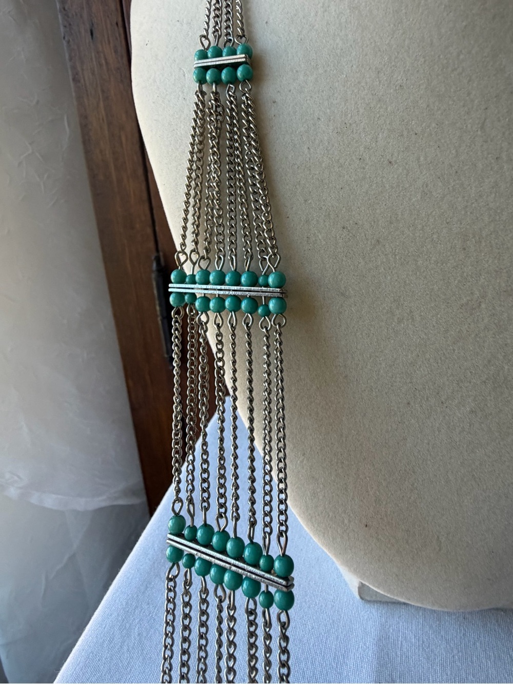 Long Silver Tone Multi Strand Chain Necklace Turquoise Bead Boho Statement - Picture 2 of 9